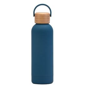 500ml Small Mouth Vacuum Cup Portable Handle Bamboo Wood Cover Water Cup Water Bottle (Option: Lake Blue-500ml)