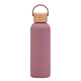 500ml Small Mouth Vacuum Cup Portable Handle Bamboo Wood Cover Water Cup Water Bottle (Option: Gray Pink-500ml)