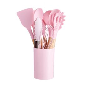 12-piece Silicone Kitchenware With Wooden Handle (Option: Pink-12pcs Set)