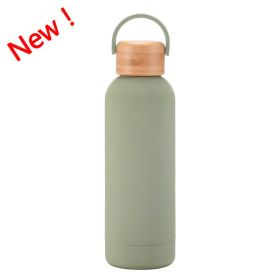 500ml Small Mouth Vacuum Cup Portable Handle Bamboo Wood Cover Water Cup Water Bottle (Option: Pea Green-500ml)