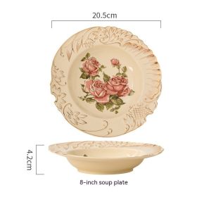 European-style Ceramic Tableware Household Rice Bowl Soup Bowl Bowl Dish & Plate Fruit Plate Dim Sum Plate (Option: Golden Rose Beige Deep Plates)