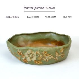 Succulent Flower Pot Shallow Mouth Oval Rectangular Large Diameter Platter Porcelain Simple Retro Stoneware (Option: Winter Jasmine Retro Green-As Shown In The Figure)